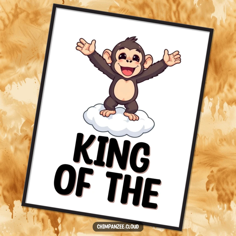 Funny chimpanzee standing triumphantly on a cloud, arms outstretched, motivational wall art, funny poster.
