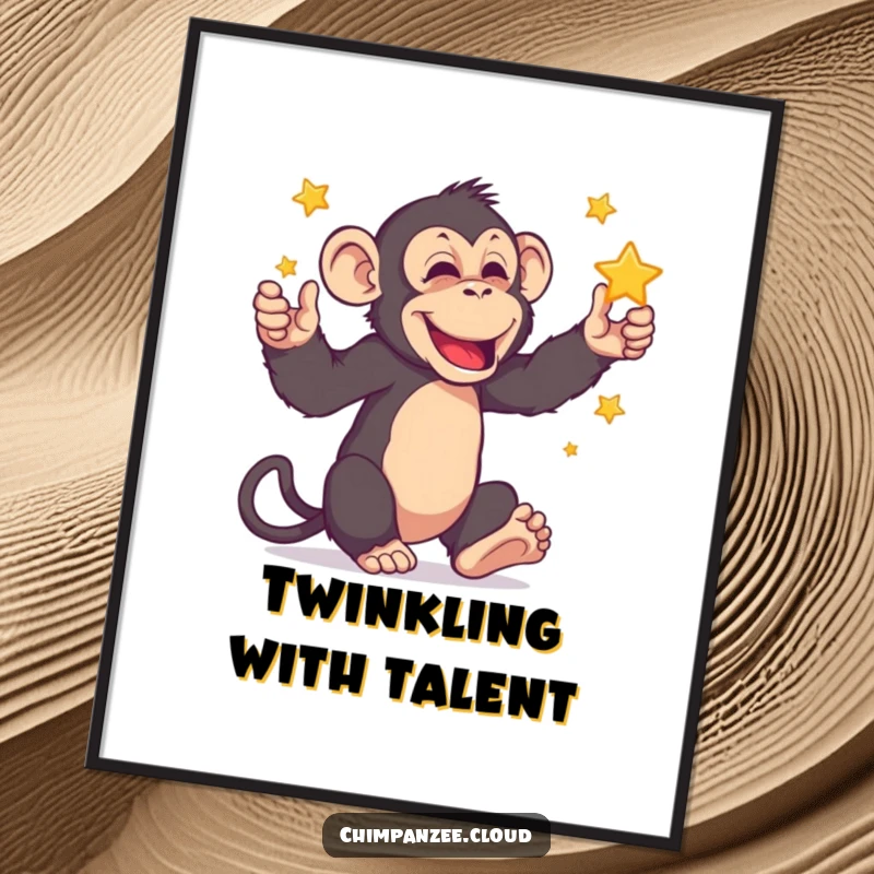 Funny chimpanzee character juggling miniature stars, presented as a vibrant and humorous digital art print for wall decoration.
