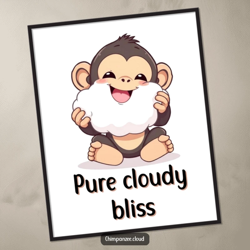 Funny chimpanzee playing with a cloud fluff ball, delighted look, whimsical art for cheerful rooms.
