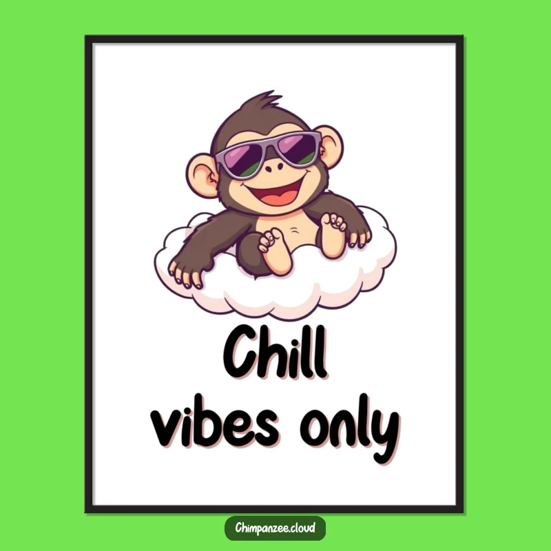Funny Cool Chimp Poster: Happy Chimpanzee Sliding Cloud, Fun Wall Decor