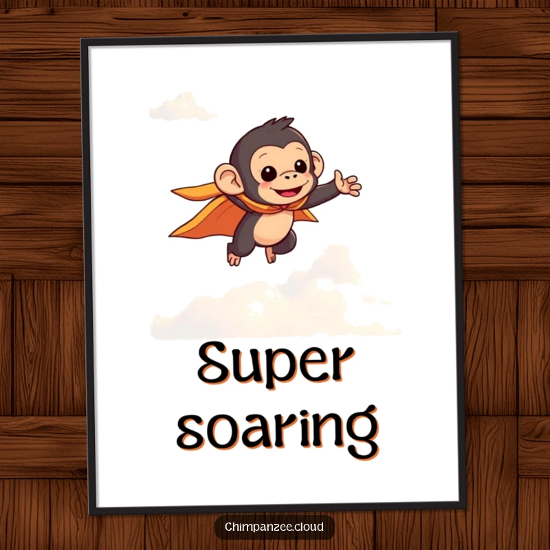Funny chimpanzee in a small cape flying high among clouds, depicted as inspiring and humorous wall art on this poster.