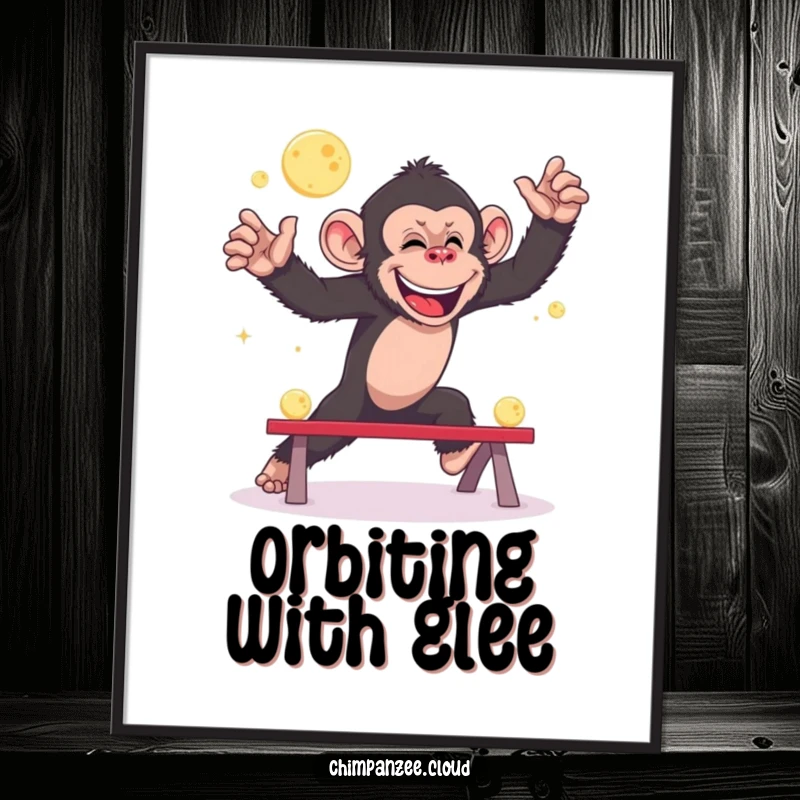 Funny chimpanzee poster, playing leapfrog with small moons, whimsical space art, delightful wall decor.