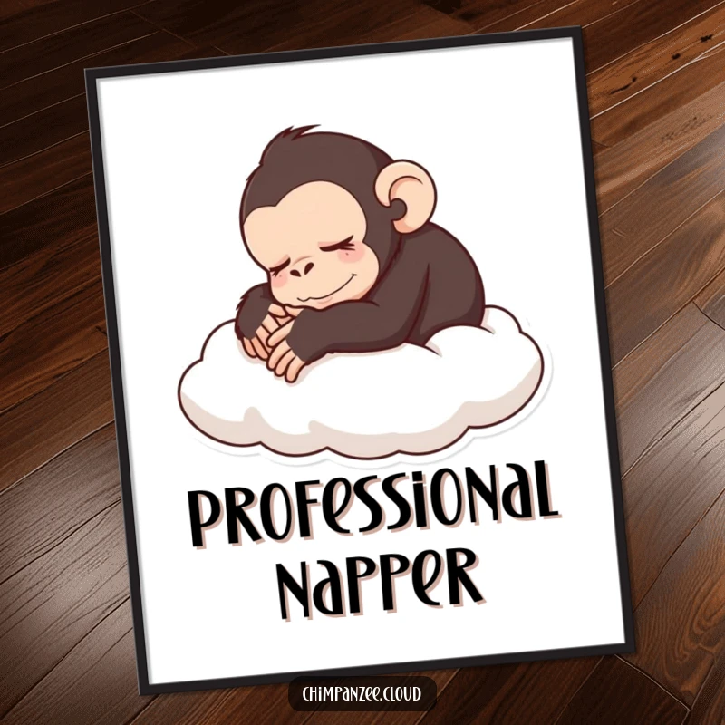 Funny sleeping chimp poster showing a peaceful chimpanzee curled up on a cloud, a delightful funny gift.