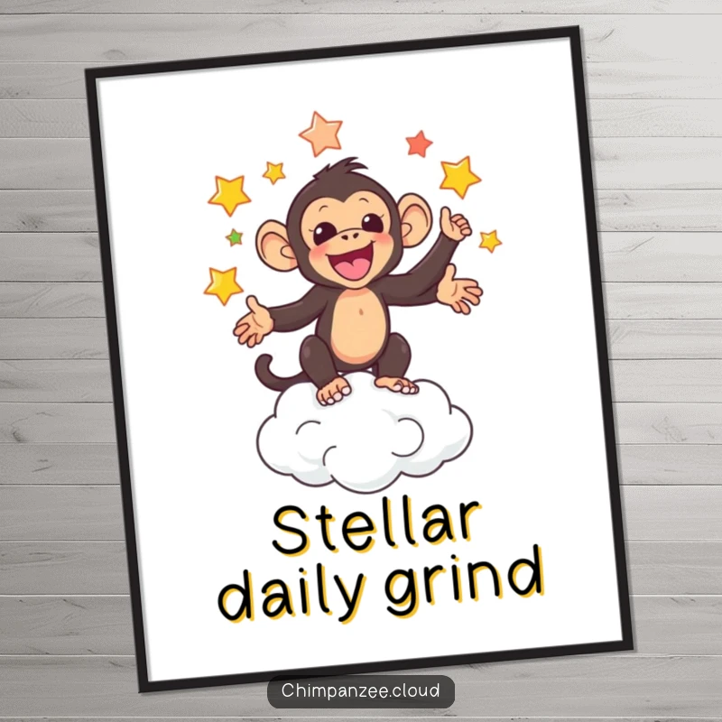 Funny poster of an adorable chimpanzee juggling colorful stars above a cloud, showcasing cosmic talent.