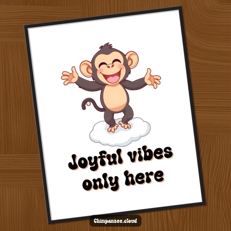 Funny chimpanzee performing a joyful dance on a cloud, humorous wall art that radiates happiness and fun.