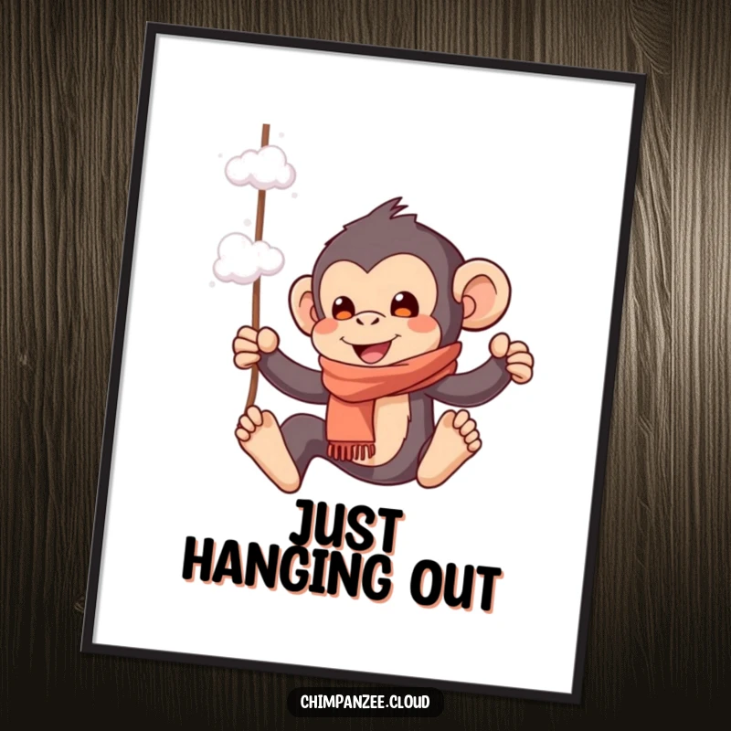 Funny poster print of a playful chimpanzee in a scarf, swinging from cloud wisps, adding a touch of imaginative and cheerful decor.