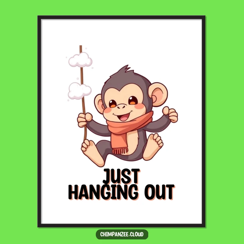 Funny Playful Chimp Poster: Chimpanzee Swinging Cloud, Whimsical Wall Art
