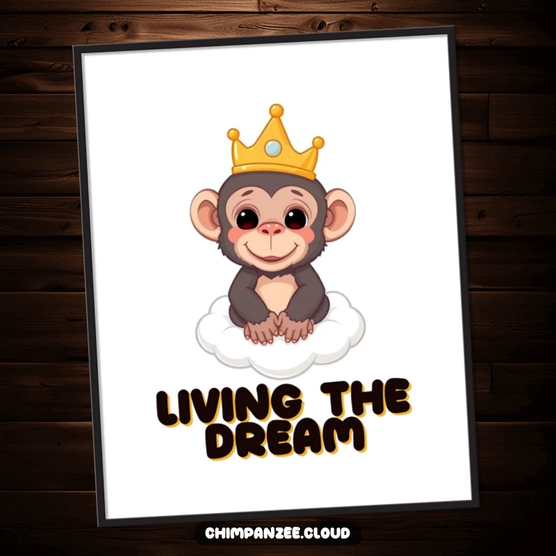Funny poster depicting a chimpanzee wearing a small crown, blissfully floating on a fluffy cloud, a whimsical royal portrait.