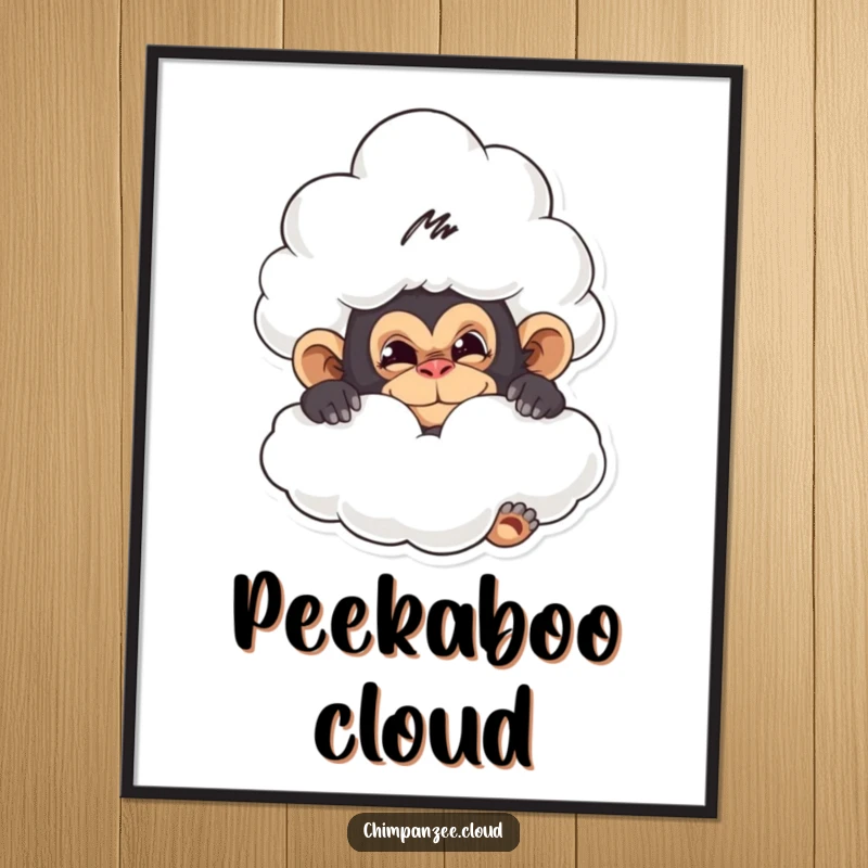 Funny poster art of a mischievous chimpanzee peeking from behind a soft, fluffy cloud, a whimsical wall decoration.