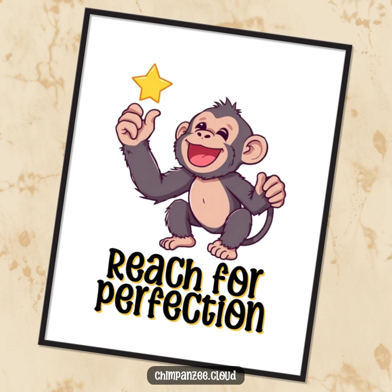 Funny chimp reaching for a twinkling star, presented as motivational wall art that inspires dreams.