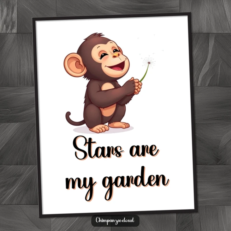 Funny chimpanzee poster, blowing dandelion seeds into a starry sky, dreamy whimsical art, beautiful wall decor.