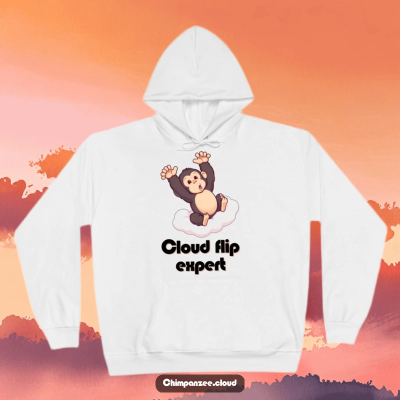 Funny chimpanzee mid-somersault on a cloud, featured on a cozy hoodie, bringing playful energy and warmth.