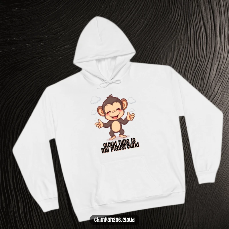 Funny chimp hoodie depicting a cheerful chimpanzee character skillfully juggling fluffy white clouds.