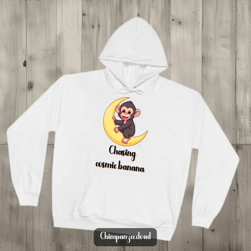 Funny chimp hoodie depicting a cute chimpanzee character riding a luminous crescent moon through a starry night.