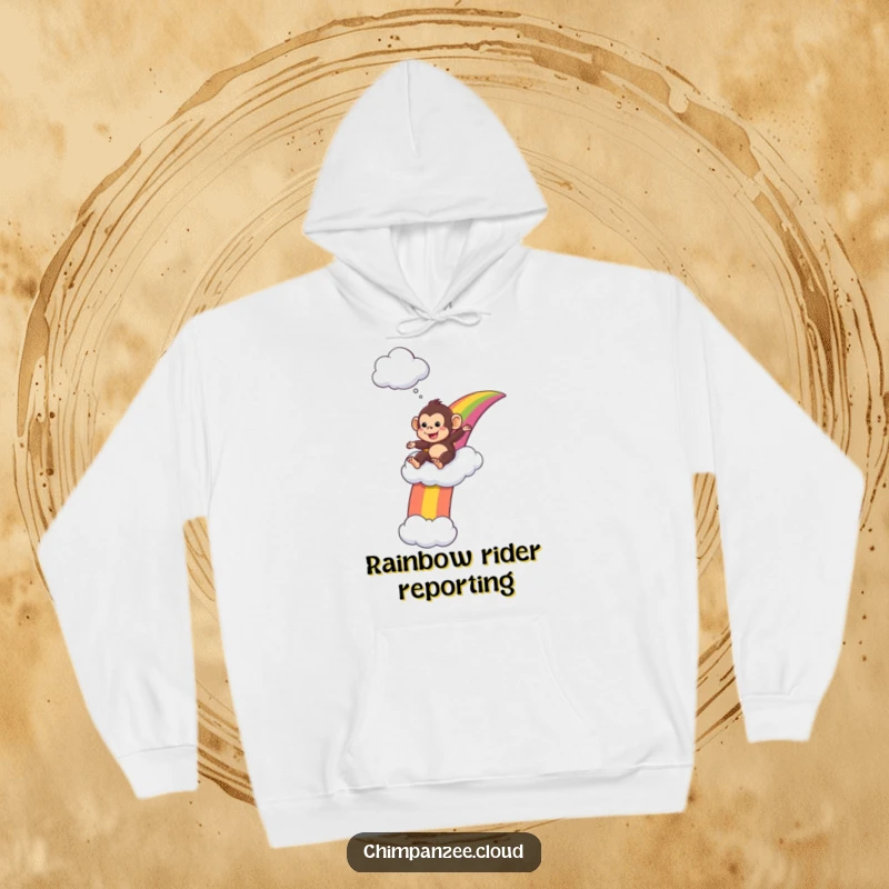 Funny Hoodie: Playful chimpanzee slides down a rainbow to a cloud, embodying fun and cozy adventure.