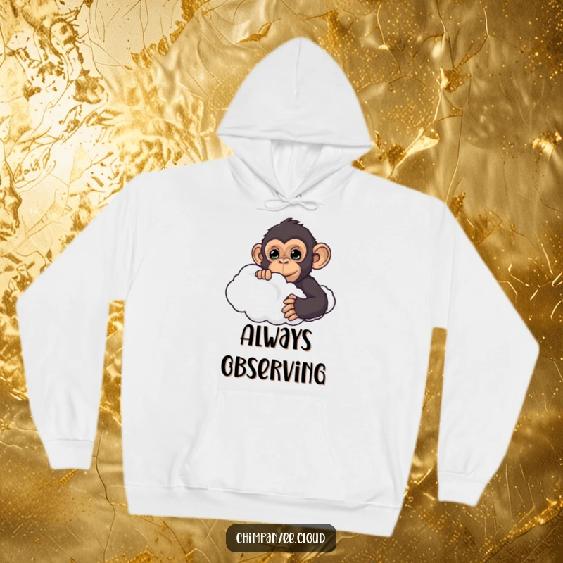 Funny chimpanzee peeking from behind a cloud, featured on a cozy hoodie, offering warmth and a touch of playful curiosity.