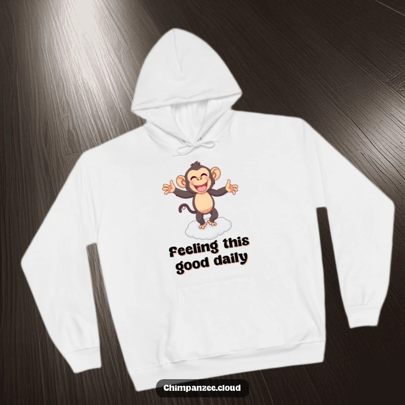 Funny chimpanzee energetically dancing on a cloud, a humorous and cozy hoodie for spreading good vibes.