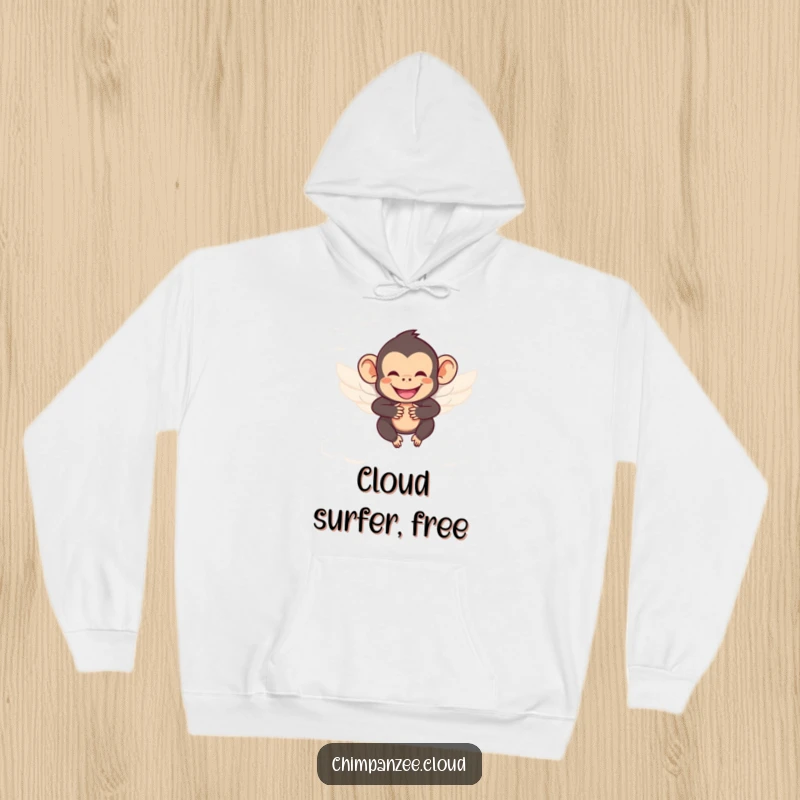 Funny chimpanzee wearing small wings, smiling, soaring through clouds, cozy hoodie for heavenly comfort.