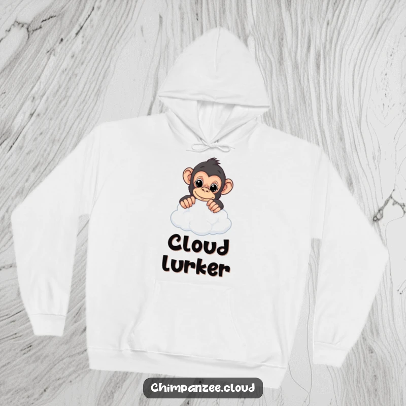 Funny chimpanzee hoodie depicting a curious chimp peering over the edge of a cloud, ready for sky-high exploration.