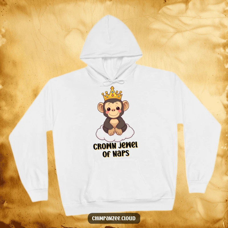 Funny hoodie depicting a cute chimpanzee king, complete with a tiny crown, relaxing on a soft cloud throne.