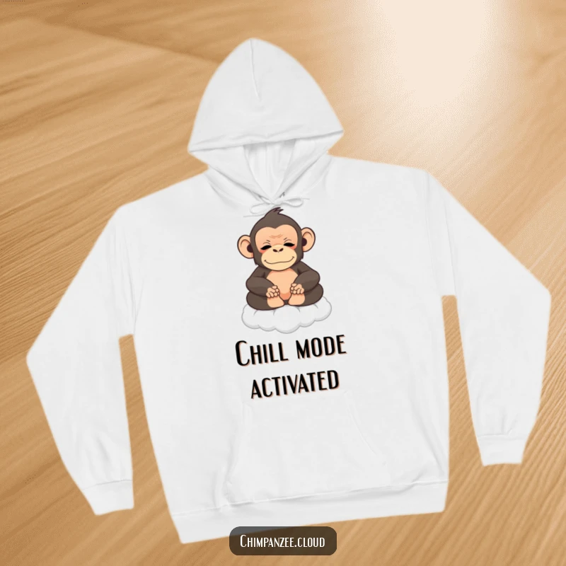 Funny chimpanzee meditating on a cloud, soft and comfortable hoodie design, promoting calm humor.