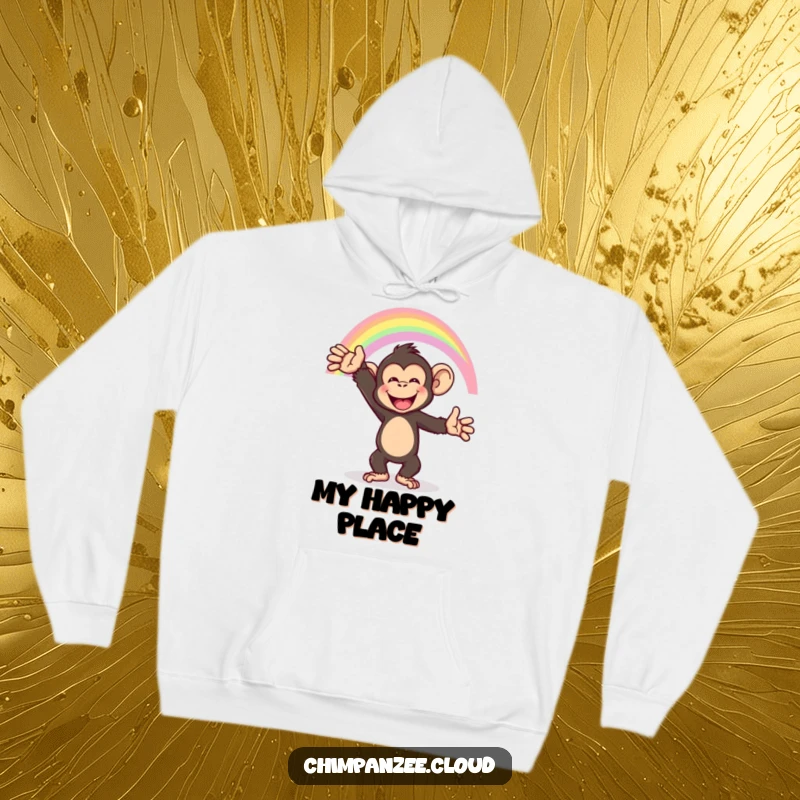 Funny chimpanzee reaching for a rainbow, cozy hoodie design, vibrant and happy.