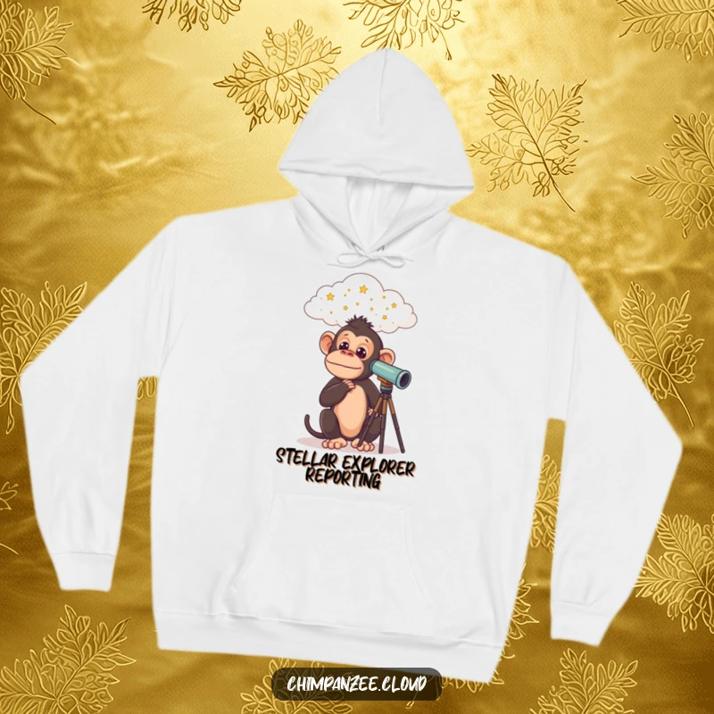 Funny Chimp Hoodie: Comfortable hoodie featuring a curious chimpanzee with a telescope, observing stars from a cloud, perfect funny gift.