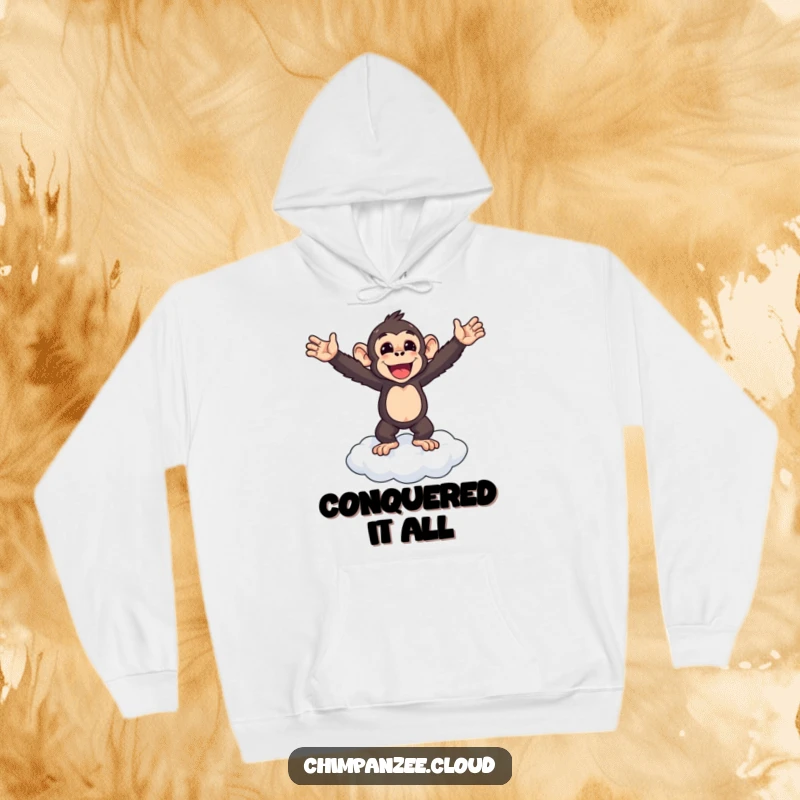Funny chimpanzee standing triumphantly on a cloud, arms outstretched, cozy hoodie design, celebrating success.
