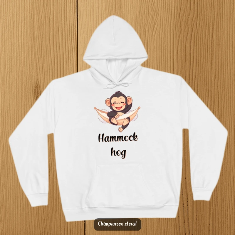 Funny chimpanzee hoodie, relaxing on a cloud hammock, cozy and serene design, comfortable loungewear.
