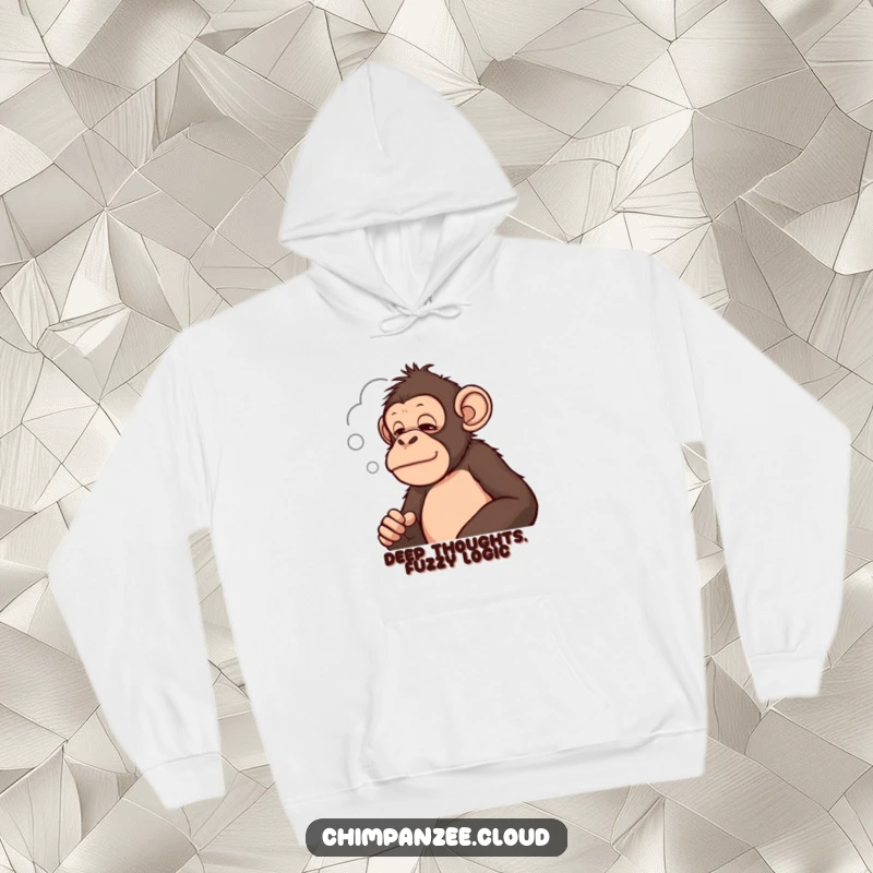 Funny chimpanzee contemplating a cloud shape, a humorous and cozy hoodie for moments of deep thought.