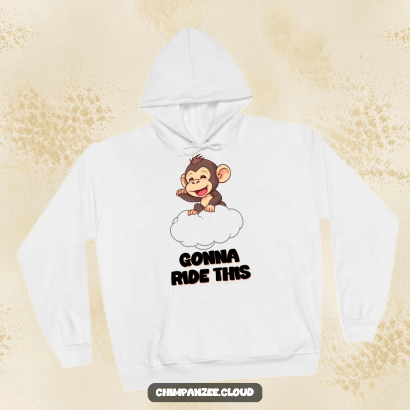 Funny chimpanzee trying to ride a cloud, comically failing, cozy hoodie design, celebrating humor.