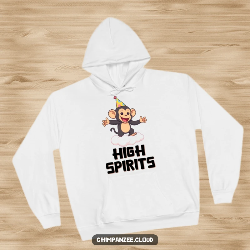 Funny Chimp Party Hoodie: A cheerful chimpanzee in a party hat dances on a cloud, offering cozy, festive fun.