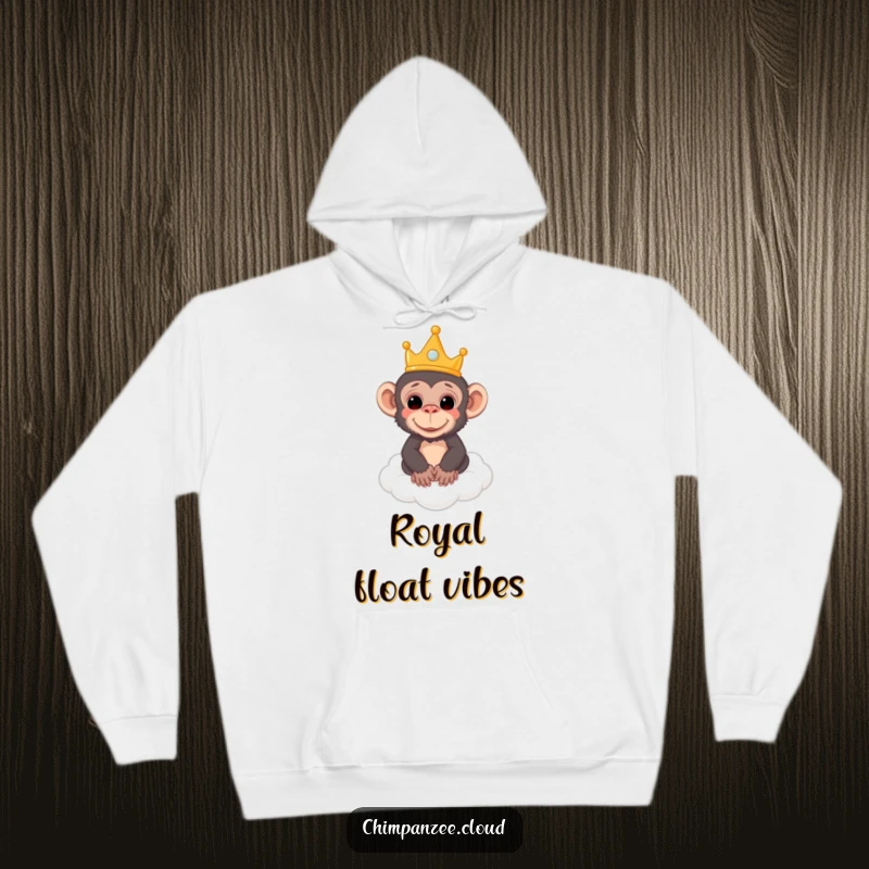Funny hoodie illustration of a chimpanzee adorned with a small crown, peacefully floating on a cloud, a sky-high ruler.