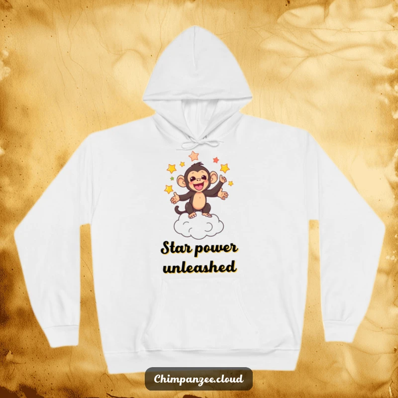 Funny hoodie with an adorable chimpanzee juggling colorful stars above a cloud, perfect for cozy stargazing.