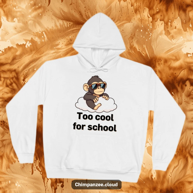 Funny chimpanzee wearing sunglasses relaxing on a cloud, a cozy and humorous hoodie for a funny gift.