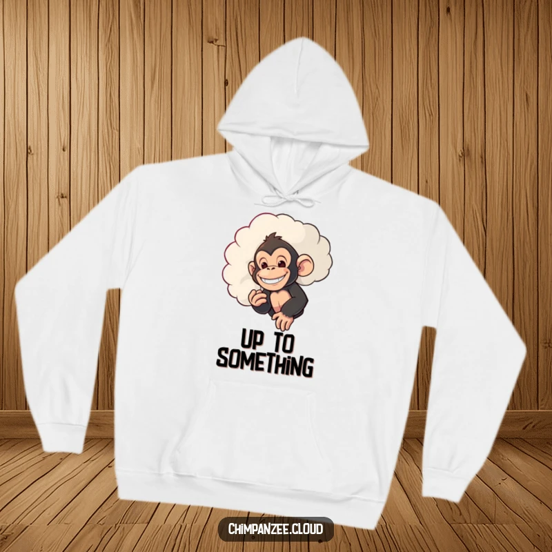 Funny hoodie featuring a mischievous chimpanzee with a grin, peeking from behind a cloud, perfect for cozy and playful moments.