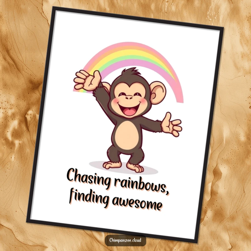 Funny Free Printable Wall Art: Happy chimpanzee joyfully reaches for a vibrant rainbow, creating cheerful decor.