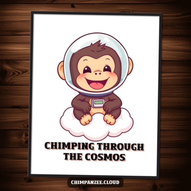 Funny Free Printable Wall Art: Cheerful chimp in astronaut helmet floats on a cloud, bringing cosmic joy to your room.