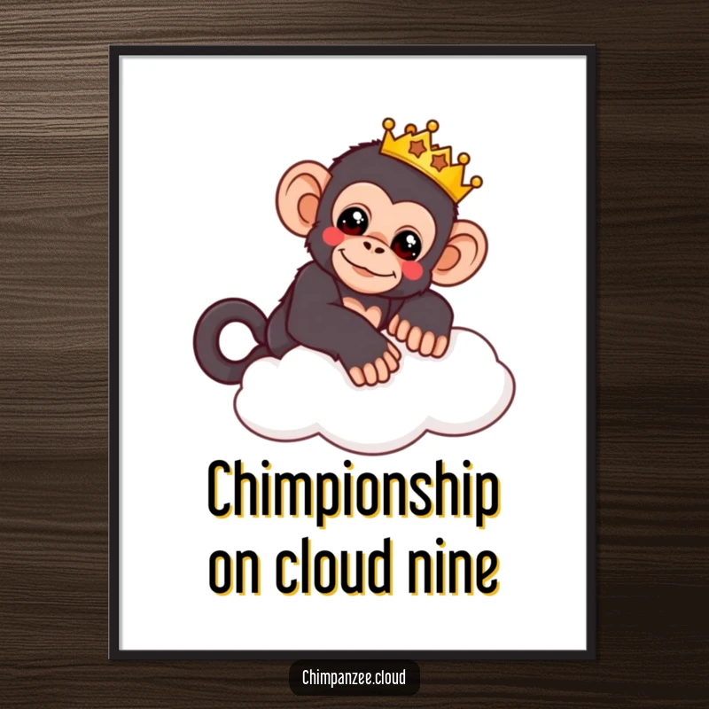 Funny Free Printable Wall Art: A cute chimpanzee wearing a small crown, lounging peacefully on a fluffy cloud, looking content.