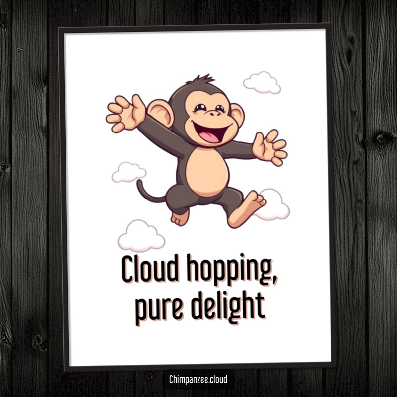 Funny Free Printable Wall Art: A chimpanzee character energetically leaping with joy between fluffy clouds.