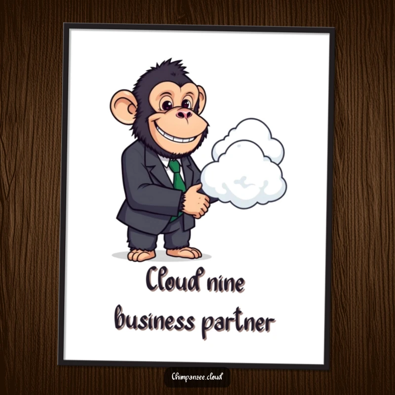 Funny Free Printable wall art of a smiling chimpanzee in a suit shaking hands with a cloud.