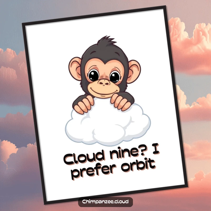 Funny Free Printable Wall Art: Curious chimpanzee peeking over the edge of a cloud, a whimsical and humorous piece.