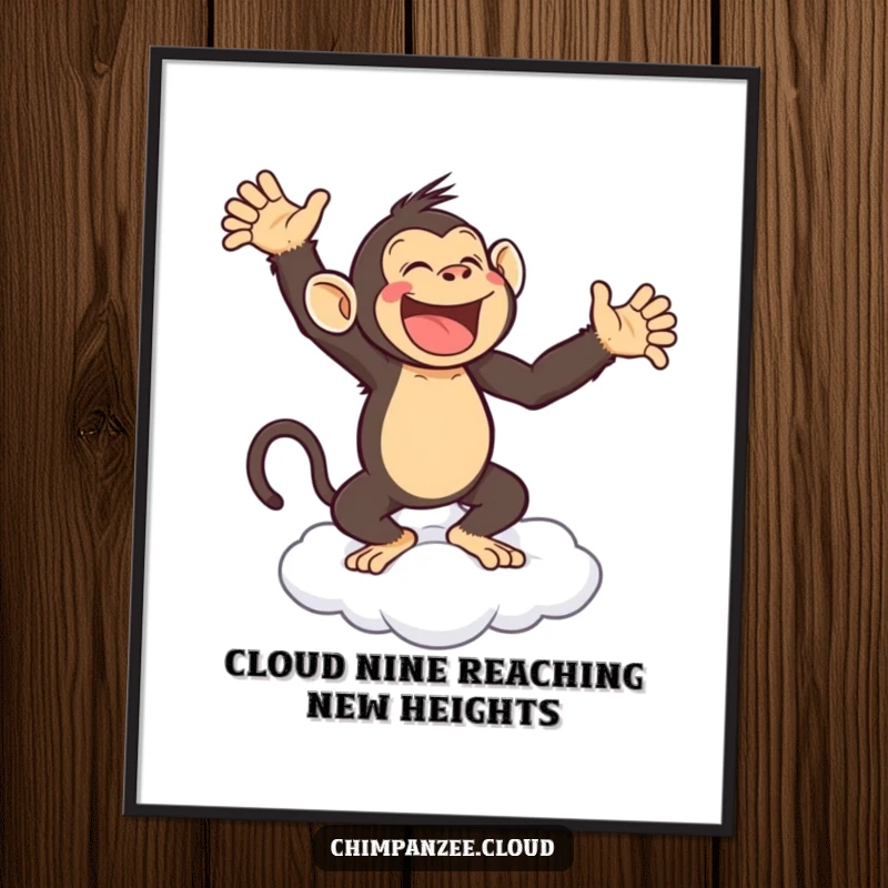 Funny Free Printable Wall Art: Cheerful chimpanzee performing an energetic, gleeful dance on a fluffy white cloud, radiating happiness.