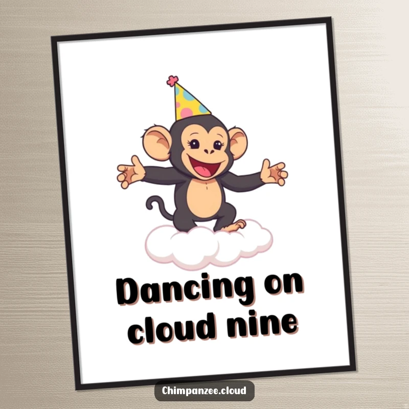 Funny Free Printable wall art of a cheerful chimpanzee in a party hat dancing on a fluffy cloud.