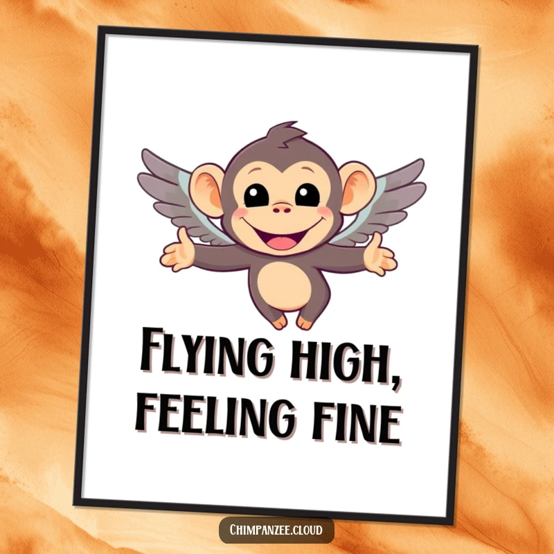 Funny Free Printable Wall Art depicting a smiling chimpanzee character joyfully flying with small, cute wings.