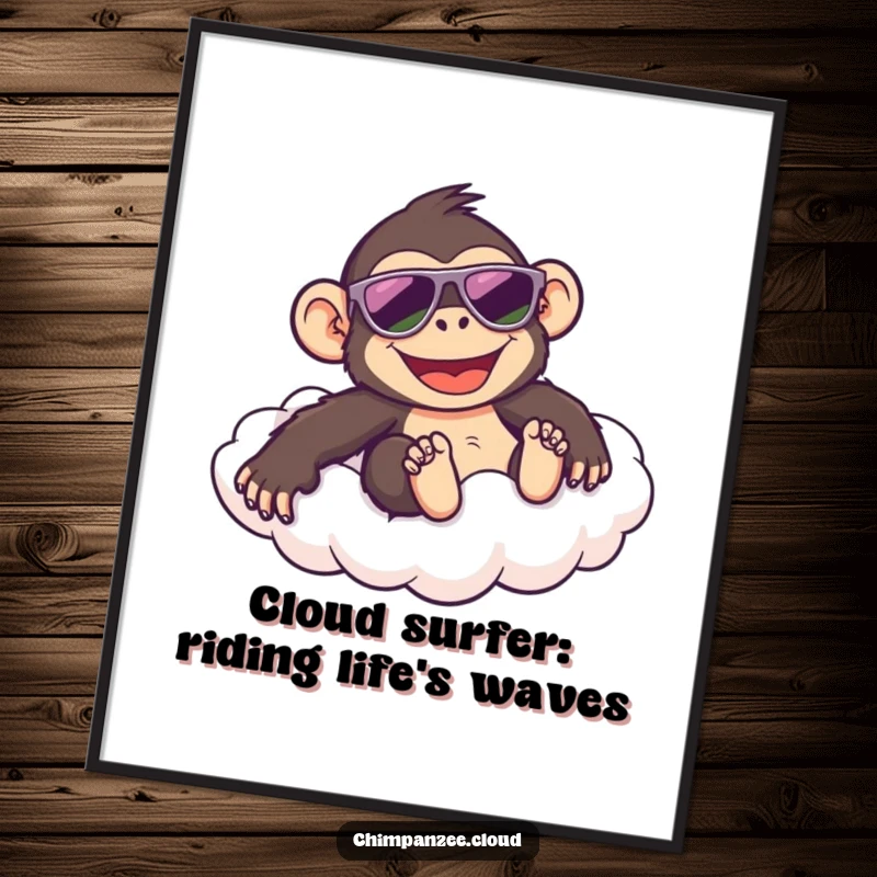 Funny Free Printable Wall Art: Happy chimpanzee in sunglasses sliding down a fluffy cloud, looking super cool.
