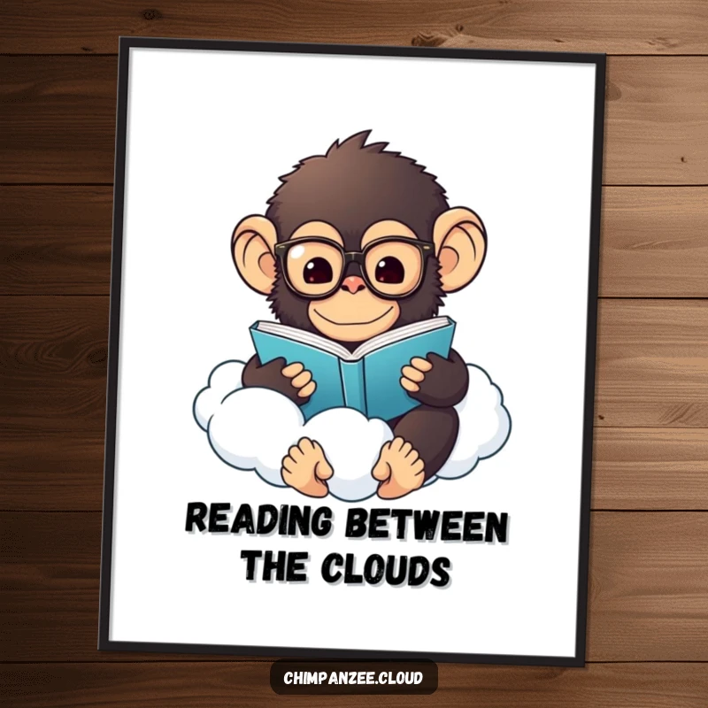 Funny Free Printable wall art of a fluffy chimpanzee with glasses reading a book on a cloud.