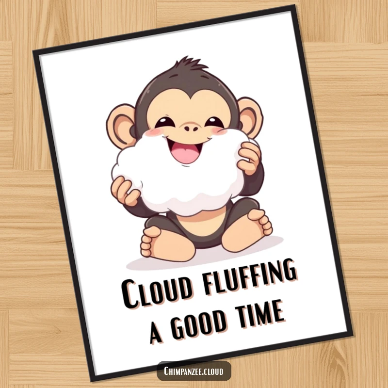 Funny Free Printable Wall Art: Delighted chimp happily plays with a fluffy ball of cloud, creating a scene of pure bliss.