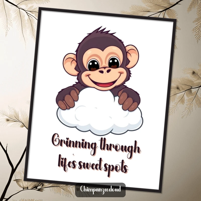 Funny Free Printable Wall Art: A chimpanzee with a knowing grin playfully peeking over the edge of a fluffy cloud.
