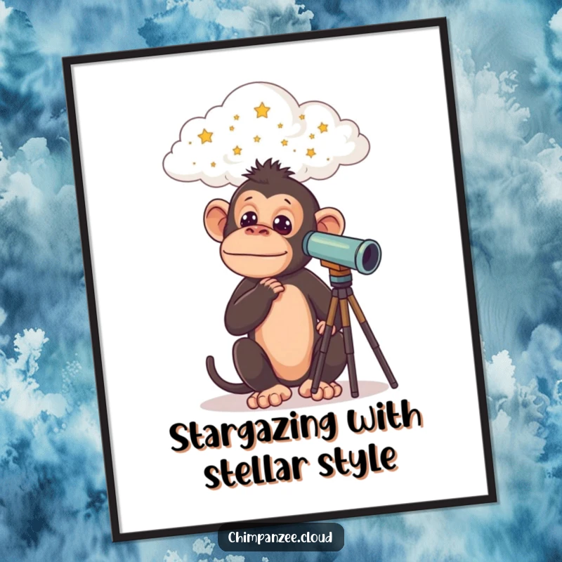 Funny Free Printable Wall Art: A curious chimpanzee on a cloud gazes at stars through a telescope. A whimsical downloadable art piece.